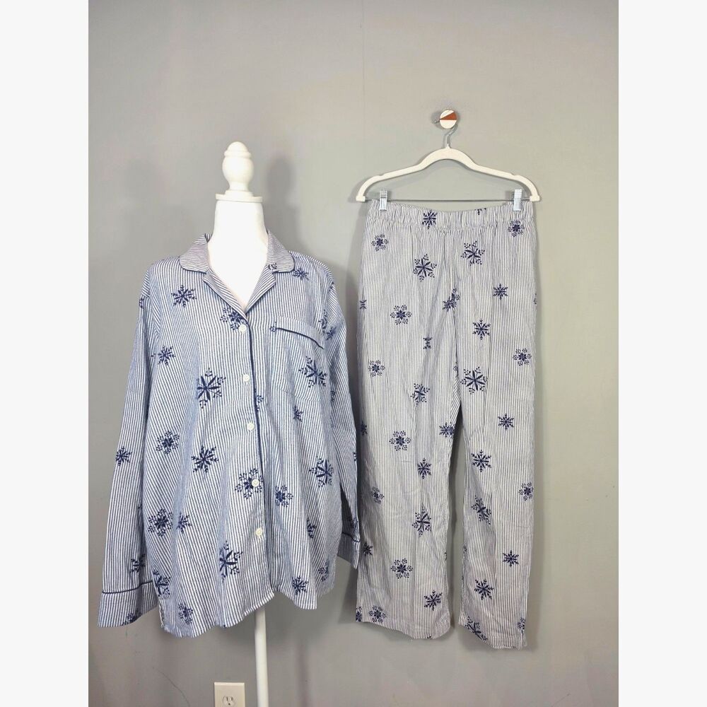 Lands End Flannel Pajama Lounge Set Blue White Snowflake Winter Cozy Cabin XL